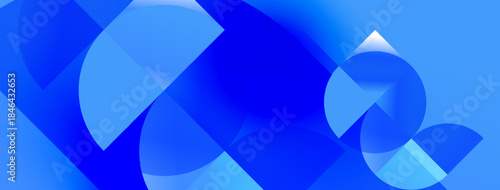 Abstract blue shapes overlap, creating dynamic composition. Gradient hues suggest depth, modern aesthetic. Smooth transitions define form.