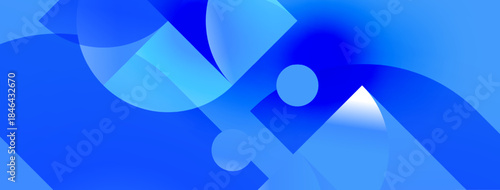 Abstract blue shapes overlap, creating dynamic composition. Smooth gradients suggest flowing movement, modern design aesthetic.