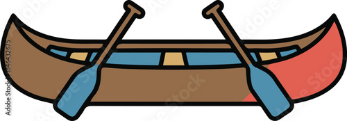 Vector illustration of a brown canoe with red accents and two crossed blue paddles,