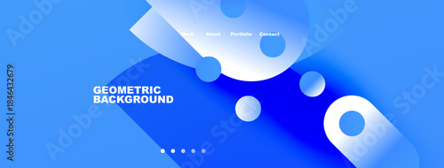 Blue abstract design. Geometric shapes overlap, creating dynamic visual effect. Navigation includes work, about, portfolio, contact options.