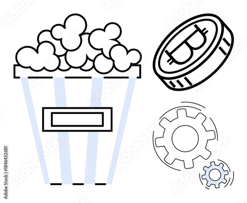 Digital economy, entertainment, cryptocurrency, blockchain, industry, innovation. Popcorn bucket, Bitcoin symbol coin and gear icons in minimalist style. Cryptocurrency and entertainment innovation