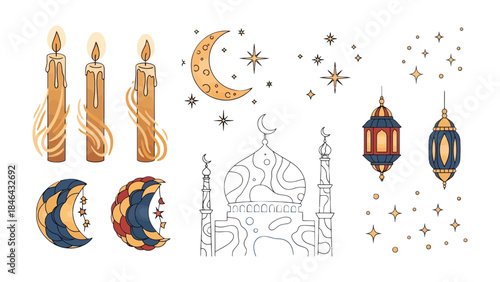 Ramadan Symbols:  A collection of artistic elements, including candles, moons, stars, and lanterns, creates a festive and contemplative atmosphere for religious observance.