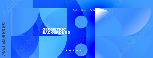 Abstract blue geometric background. Circles, squares overlap creating dynamic visual effect. Minimalist design with text elements.