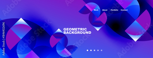 Abstract geometric background features vibrant blue, purple gradients. Navigation menu present. Modern design, clean aesthetic.