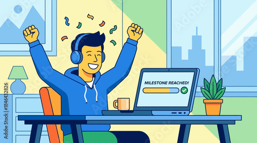 Man celebrating milestone achievement with laptop at home office