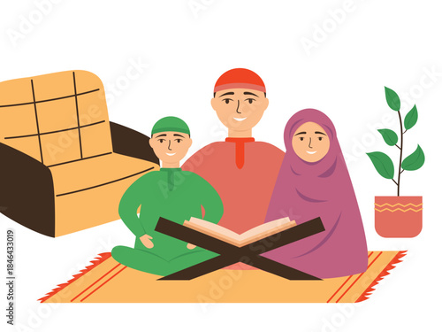 A father and his children sit on the floor and study the Quran. Children study the Quran.