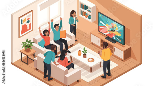 Friends Gathered Watching Exciting Sports Game on Television.