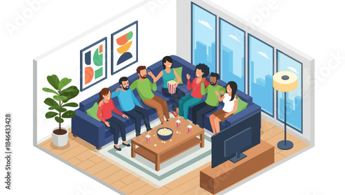 Group of friends enjoying a movie night together on a comfortable couch.