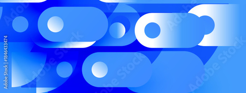 Abstract blue shapes overlap, creating dynamic composition. Circles, ovals, triangles form modern design. Gradient hues add depth.