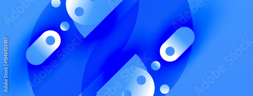 Abstract blue shapes overlap, creating dynamic composition. Smooth gradients suggest depth, light interplay. Modern design element.