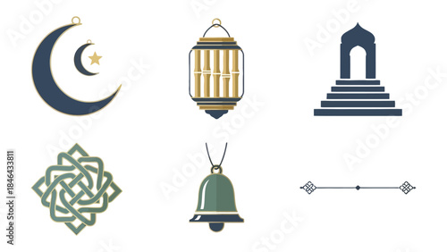 Islamic Motifs Collection: A curated ensemble of Islamic design elements, including a crescent moon with star, an ornate lantern, a mosque archway, an intricate geometric pattern, a bell pendant.