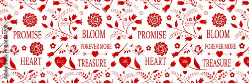 Romantic red floral pattern with love words on white