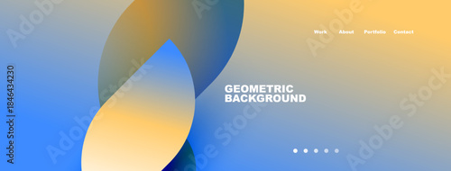 Abstract geometric shapes, blue, yellow gradients. Minimalist design with text elements, navigation options visible. Modern aesthetic.