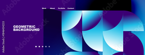 Modern website header design. Geometric shapes, vibrant colors, navigation menu present. Clean, professional aesthetic.