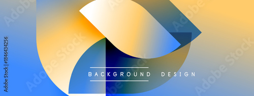 Abstract design features flowing shapes, gradient colors. Blue, orange, yellow hues create modern visual effect. Text reads background design.