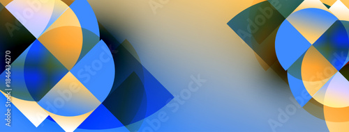 Abstract composition featuring overlapping circles, gradients. Blue, orange hues dominate design. Minimalist aesthetic, modern feel.