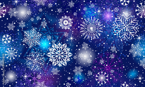 Vector dark violet seamless pattern  with white vintage snowflakes and glitter stars