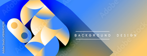Abstract geometric shapes overlap. Blue, yellow gradients create modern background. Text reads background design. Minimalist style.