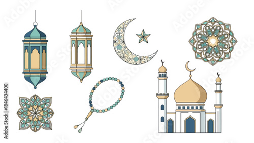 Islamic Symbols Collection: An array of detailed illustrations, capturing the essence of Islamic culture, featuring intricately designed lanterns, crescent moons, stars, geometric patterns.
