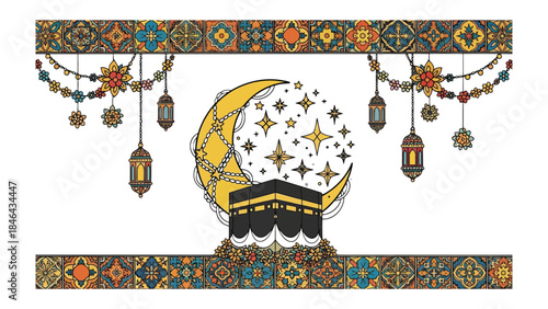 Sacred Symbolism: A captivating illustration featuring the Kaaba, the moon, and stars, celebrating a revered cultural or religious tradition. 