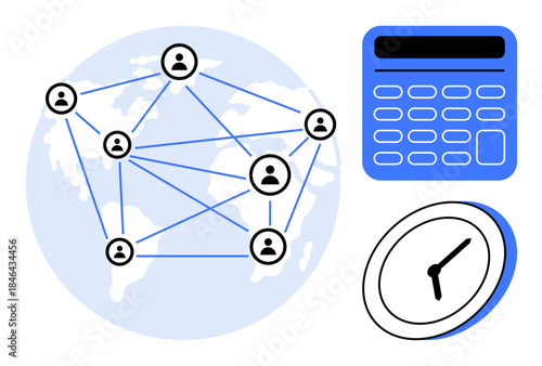 Time management, global communication, remote collaboration, efficiency, financial planning, networking. A globe with connected people, clock and calculator. Global communication and time management