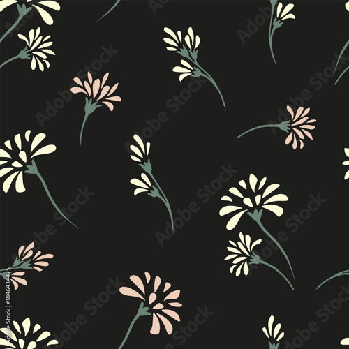 Seamless vector floral pattern with delicate buds and simple daisy flowers in pastel tones on a dark background. Ideal for fabric, stationery, wrapping paper, and elegant digital design