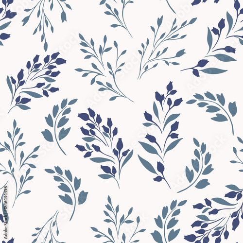 Elegant seamless vector pattern with stylized blue botanical sprigs and soft leafy branches on a light background, creating a fresh, modern design perfect for textiles and stationery
