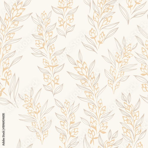 Elegant seamless vector pattern with delicate linear branches, soft beige buds, and fine leaves on a light background. A refined botanical design ideal for textiles, packaging, and decor