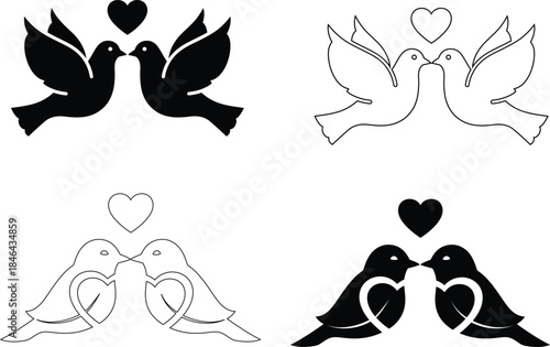 Love Birds Kissing Vector Icons – Romantic Doves and Wedding Couple Symbols