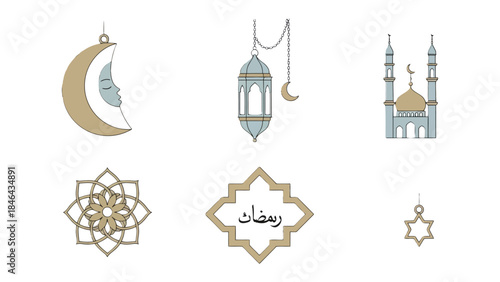 Ramadan Festive Ornament: A collection of decorative elements, each a symbol of Ramadan, from elegant lanterns and crescent moons to intricate geometric patterns and a mosque.