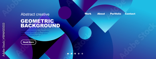 Abstract geometric background design. Blue, purple gradients dominate. Website header includes navigation options, text, button. Modern aesthetic.
