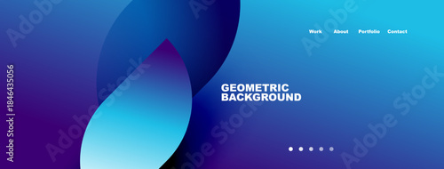Abstract blue design. Geometric shapes overlap creating vibrant gradient effect. Text reads Geometric Background. Navigation visible.