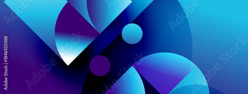 Abstract shapes, vibrant blues, purples create dynamic composition. Circles, curves intersect, forming modern design. Smooth gradients enhance visual depth.