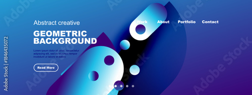 Abstract blue background features geometric shapes, text, navigation menu. Modern design suitable for website header or banner.