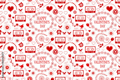 Valentine's Day celebration with red heart and cassette tape pattern