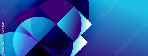 Abstract shapes blend blues, purples. Dynamic composition suggests movement, innovation, technology. Gradient colors create depth, visual interest.
