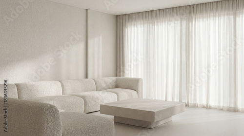 Contemporary living room with large sectional sofa and concrete coffee table, soft daylight through sheer curtains, neutral palette creating a calm, cozy, minimalist atmosphere