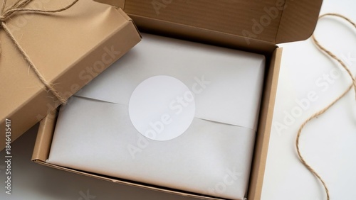 Unboxing experience with an open brown cardboard gift box, revealing white tissue paper and a customizable blank label, ideal for product presentation