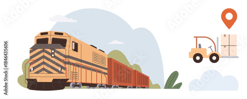 Freight train carrying containers outdoors alongside a forklift handling cargo with pinpoint icon. Ideal for logistics, transportation, supply chain, freight management, delivery, shipment