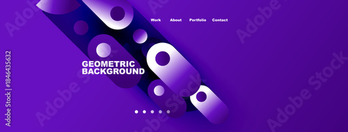 Purple abstract design features geometric shapes, text, navigation menu. Modern aesthetic, vibrant colors, simple layout.