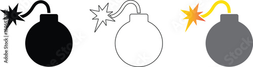 Exploding bomb silhouette and outline set with sparks and smoke vector illustration