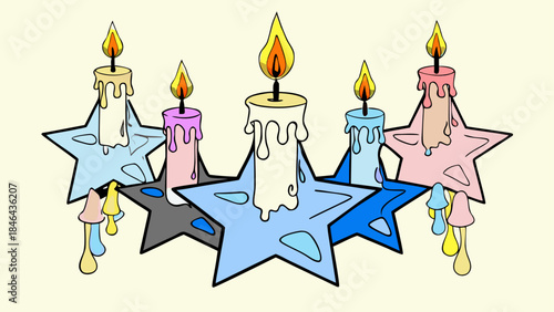 Colorful candles on star shaped holders isolated on transparent background