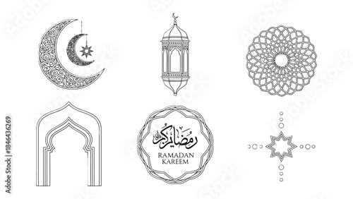 Ramadan-themed Ornaments: A serene collection of delicate ornaments symbolizing Ramadan, including a crescent moon with a star, intricate lantern, and detailed star.