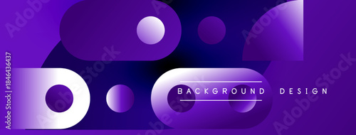 Abstract purple background features overlapping circles, rectangles. Modern design elements create dynamic visual effect. Gradient shades enhance depth.