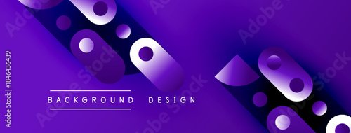 Purple abstract background features geometric shapes, cylinders, circles. Modern design with gradient effect, text reads background design.