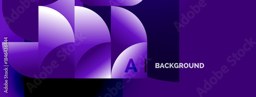 Abstract purple design features overlapping circles, letter A, text background. Modern, vibrant, gradient effect present.