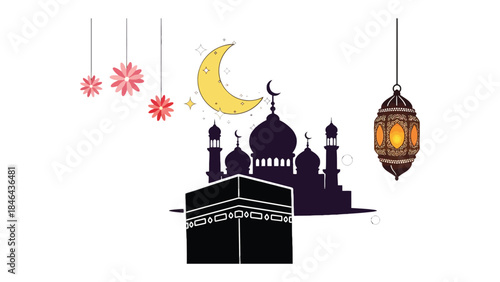 Sacred Symbolism: Depicting a significant mosque and Kaaba, illuminated by a crescent moon and adorned with decorative lanterns and celestial elements. This scene is rich with religious symbolism.