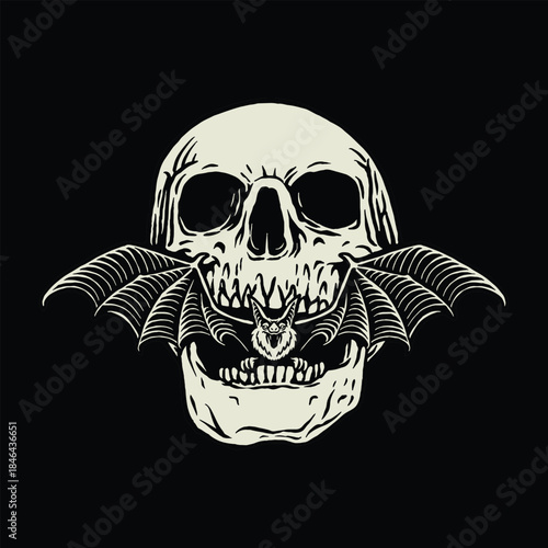 Intricate skull with a bat’s head emerging from its mouth and wings wrapping the jaw, symbolizing terror and fusion of dark forces.