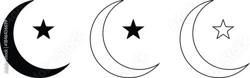 hand drawn crescent moons and stars in black and white vector illustration