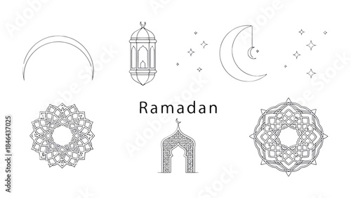 Ramadan Elements: Embrace the spirit of Ramadan with this minimalist illustration. It features symbolic representations of the Islamic holy month.